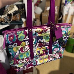 Coach Colorful Graphic Tote with Purple Trim poppy weekender  luggage tag strap
